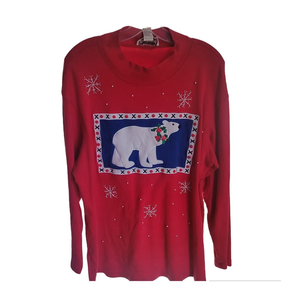 Bechamel Womens Christmas Shirt Size Large Red Polar Bear Snowflake Cotton Retro